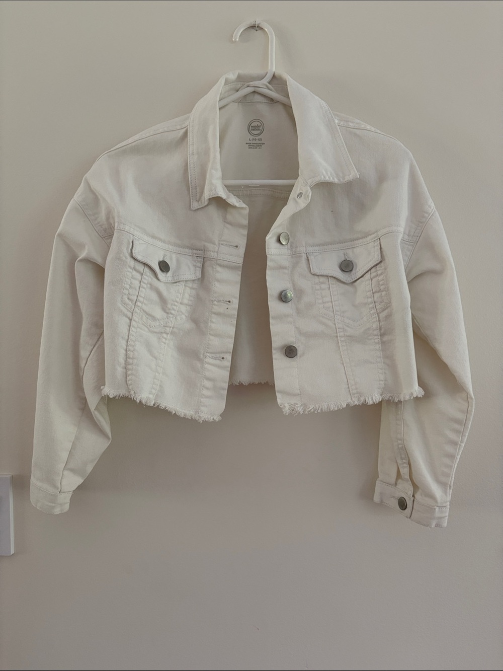 wonder nation Cropped Cream Denim Jacket with Raw Hem